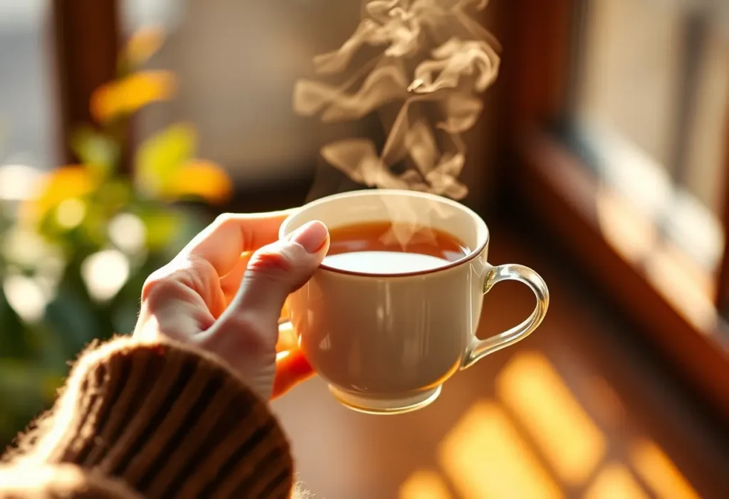 Une main féminine tient une tasse de thé herbeux, apaisante et réconfortante.
