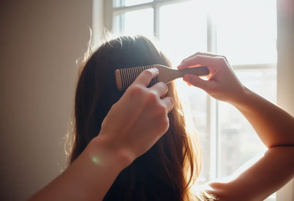 Une main posant une brosse en bois près d'une fenêtre inondée de lumière, symbolisant le soin personnel.