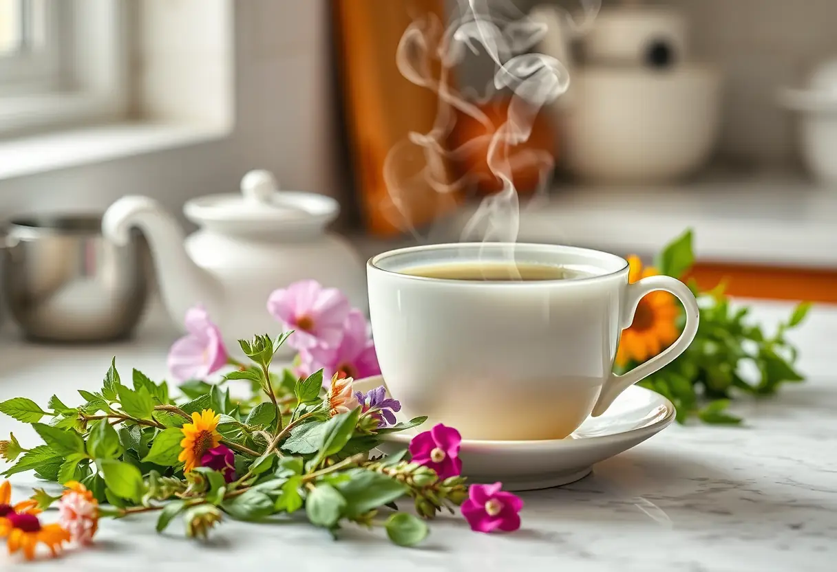 Un plan de travail de cuisine avec une tasse de thé vert fumante posée sur des herbes fraîches, symbole de bien-être.