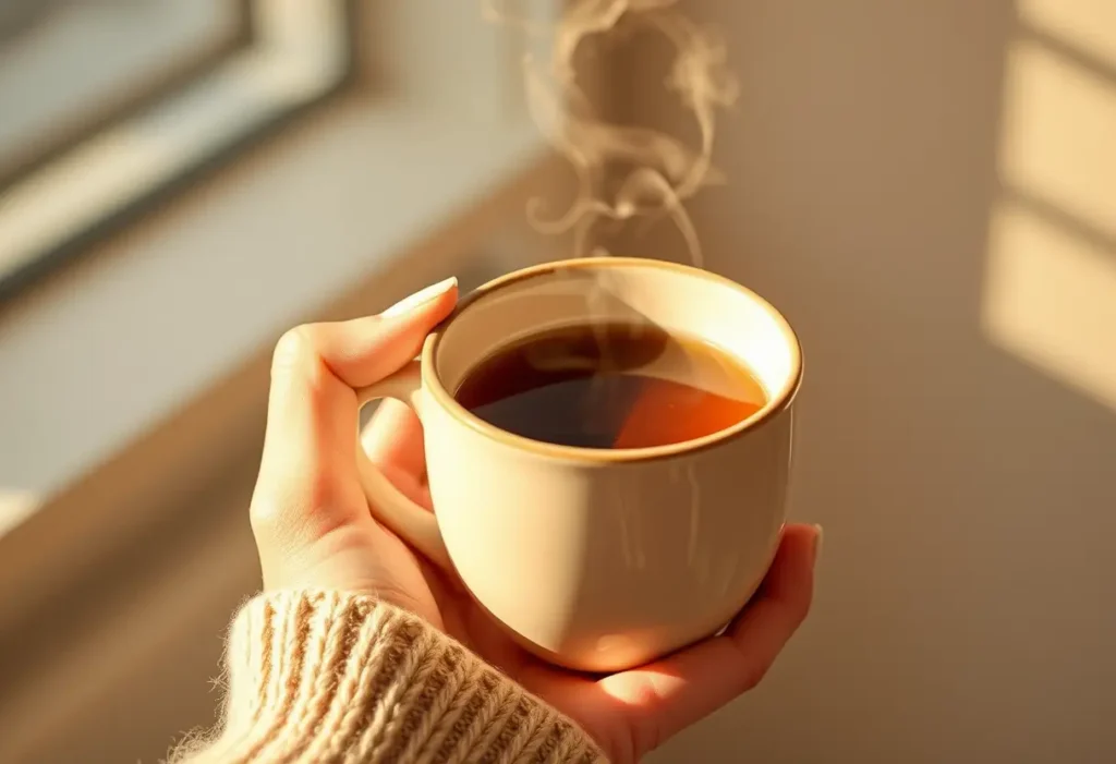 Une main féminine tient une tasse de thé chaud aux herbes, éclairée par la lumière du matin
