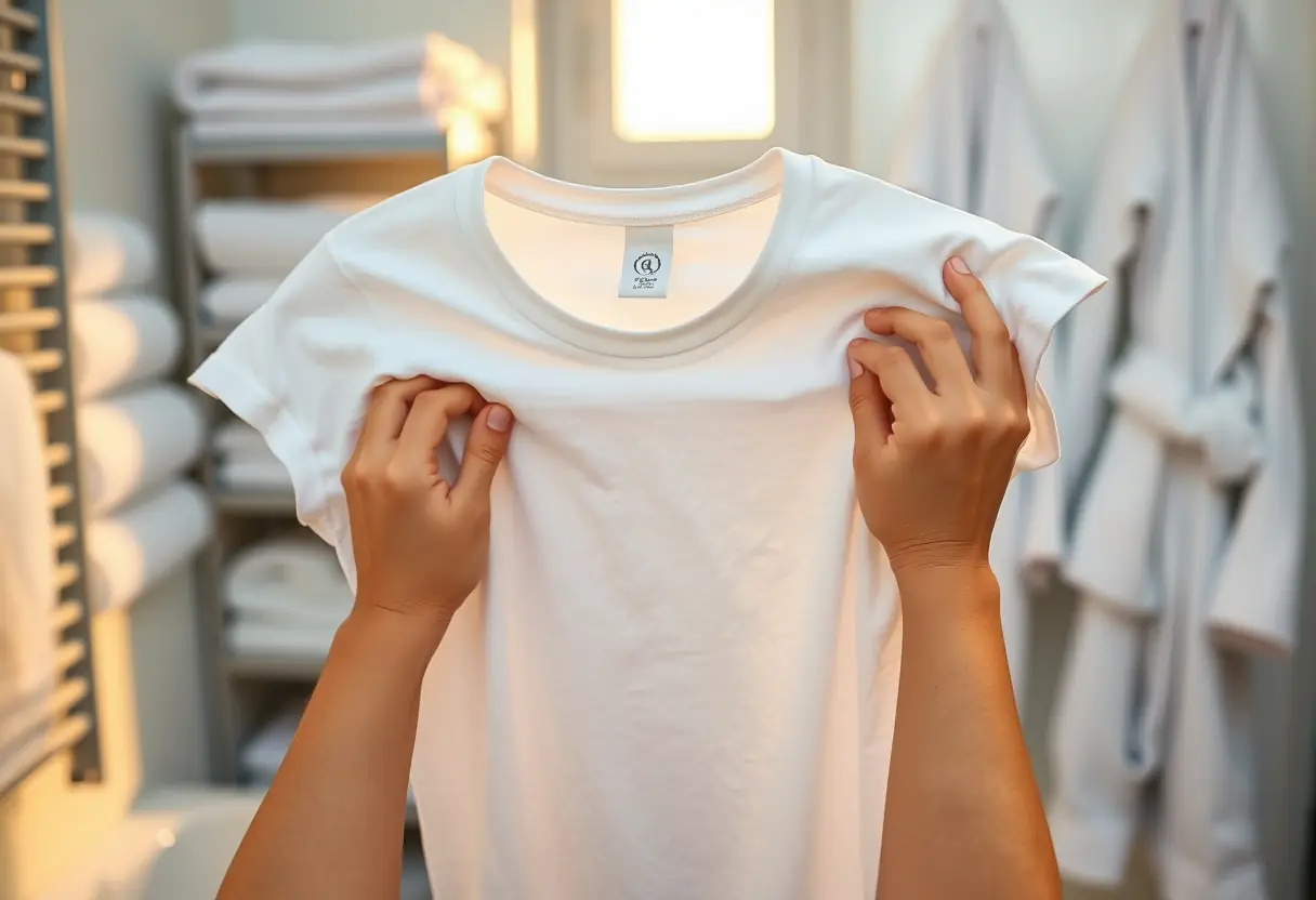 Des mains pliant délicatement un T-shirt blanc dans une salle de bain avec des serviettes et des peignoirs en arrière-plan, éclairé par la lumière dorée du soir