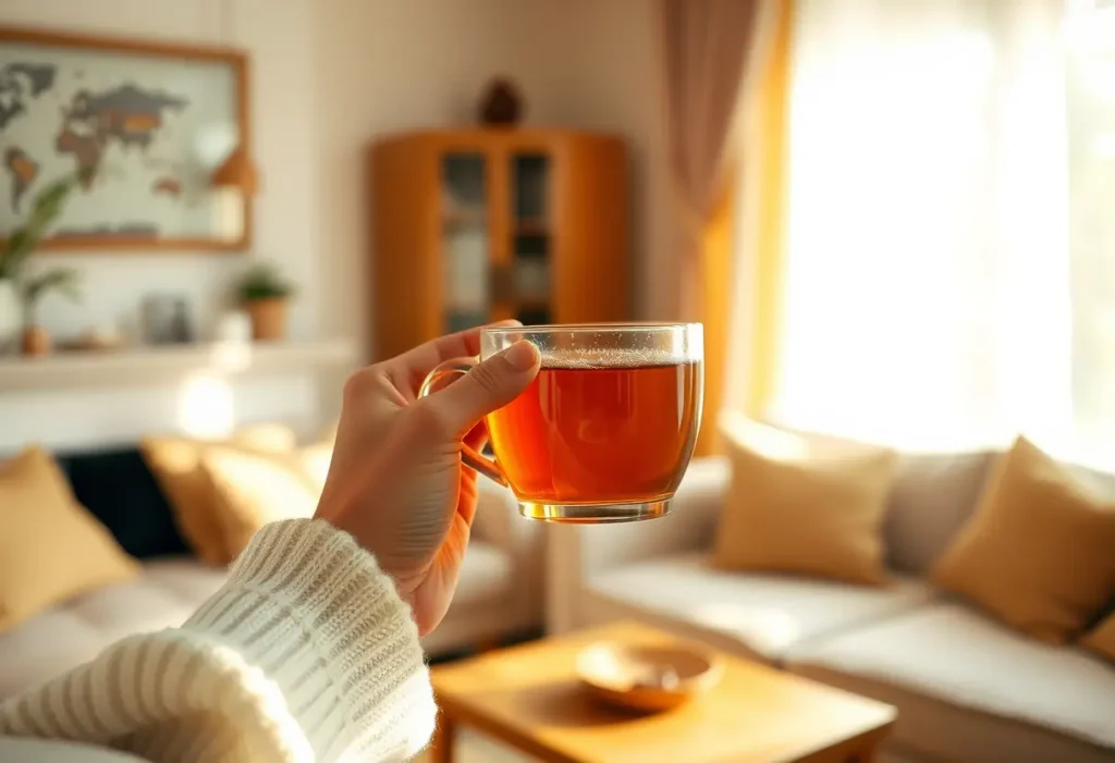 Une main tenant une tasse de thé chaud dans un salon accueillant, thème bien-être féminin