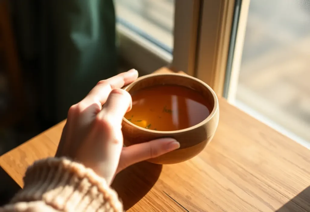 Une main féminine tient un bol de thé chaud aux herbes, symbolisant le bien-être et la sérénité