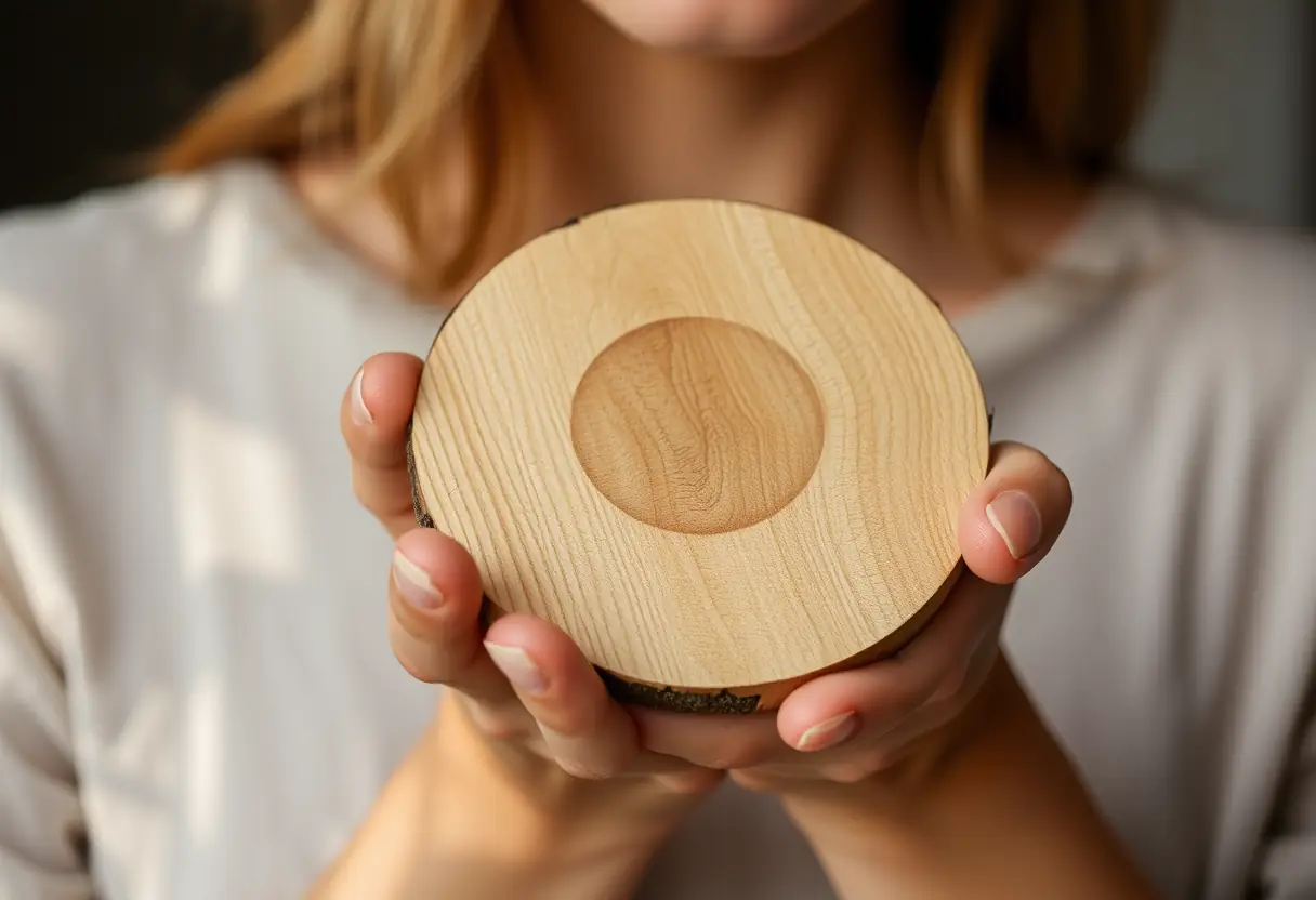 Une main féminine tenant délicatement une brosse en bois, lumière naturelle met en valeur sa texture