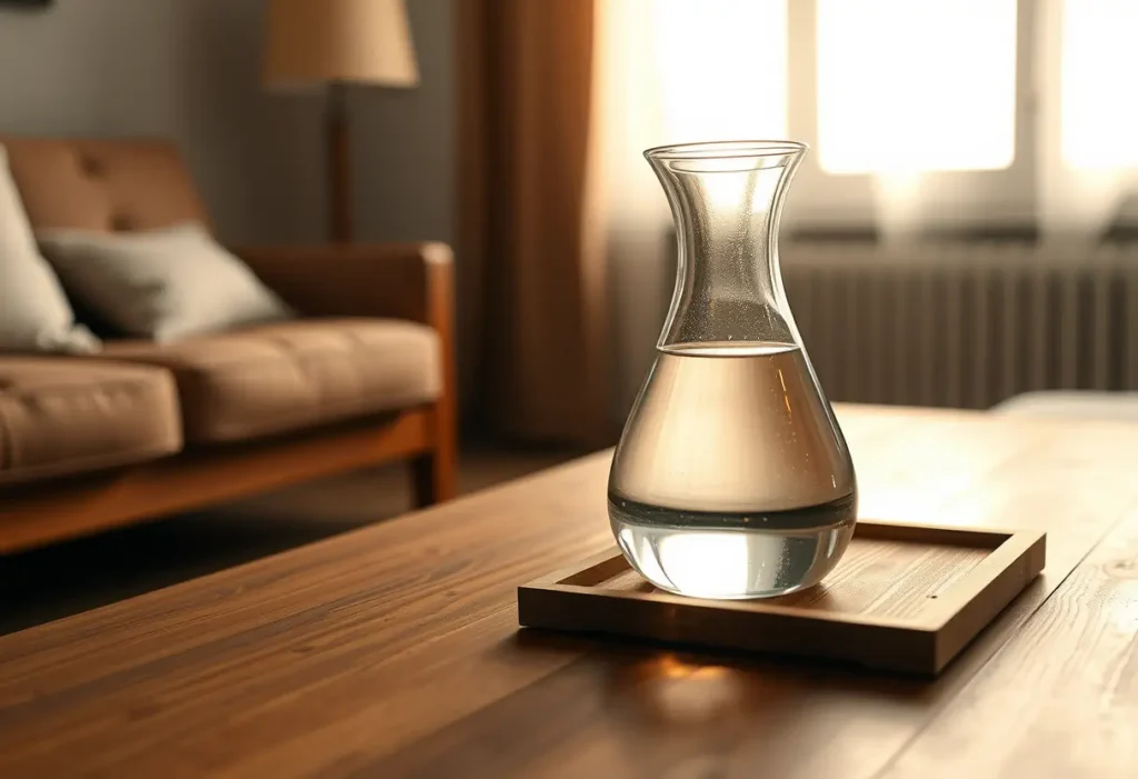 Une carafe en verre sur une table basse en bois, reflétant la lumière d'une lampe près d'un canapé.