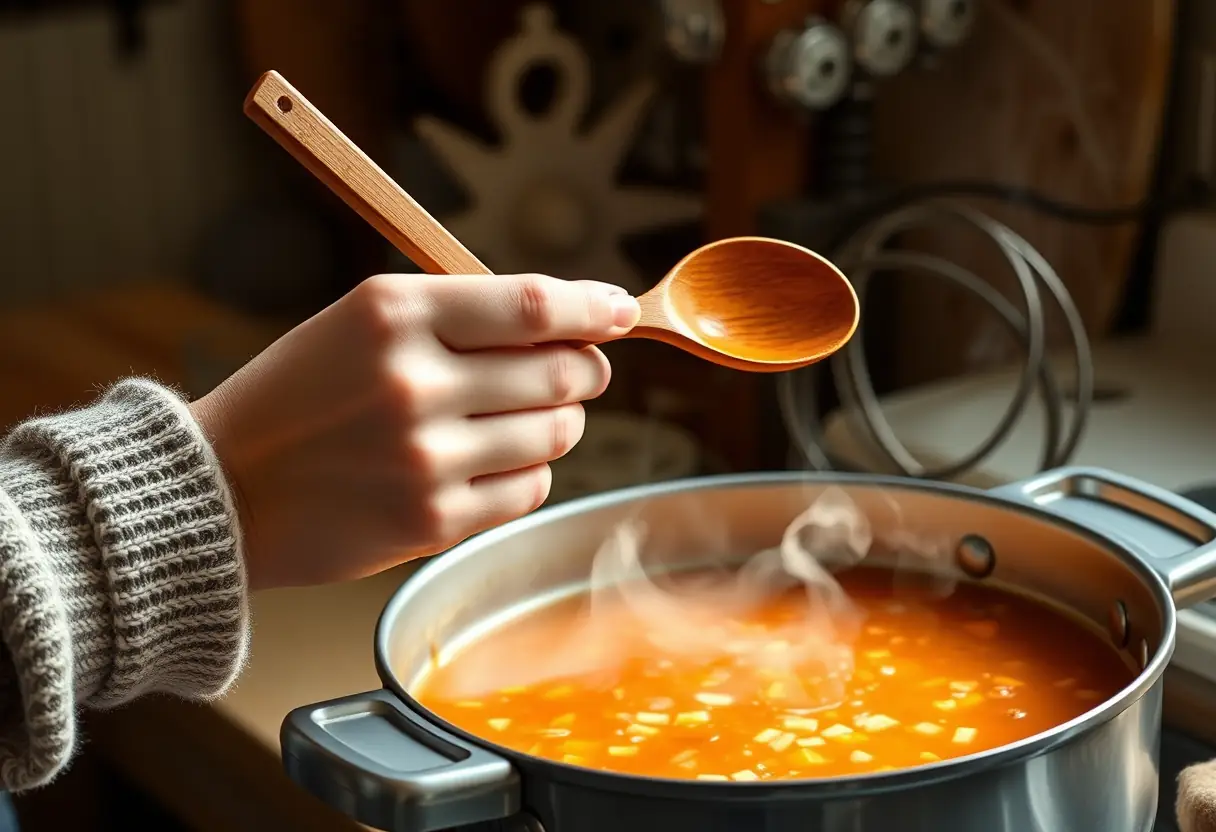Une main féminine tient une cuillère en bois dans une cuisine accueillante, éclairée naturellement