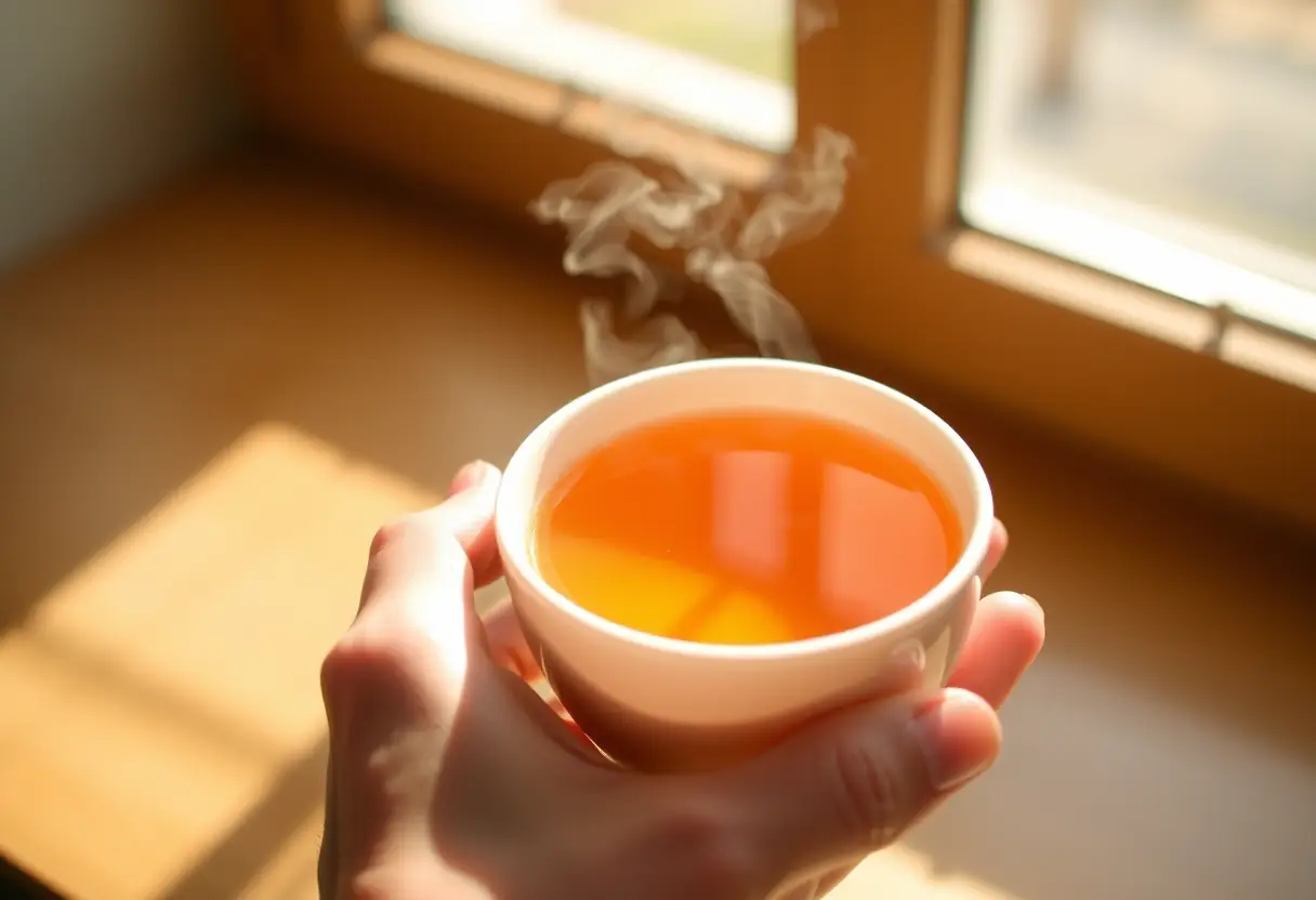 Une main tenant une tasse de thé chaud, apportant chaleur et bien-être