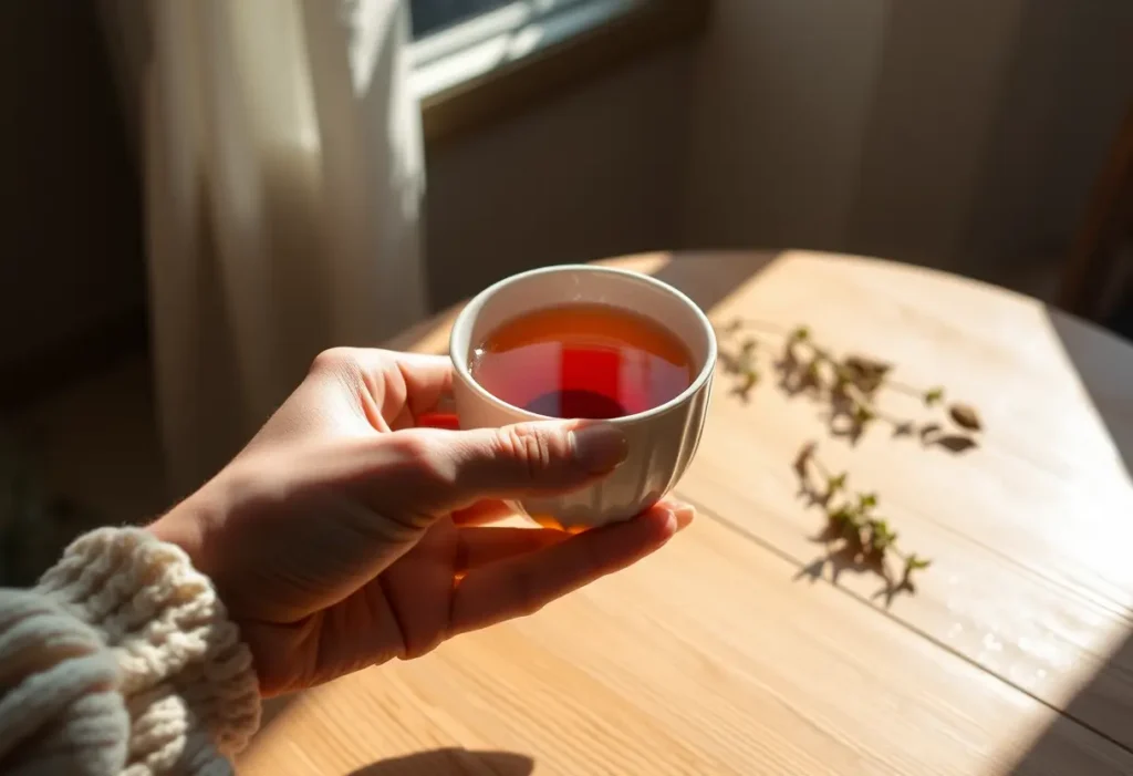 Une main tenant une tasse de thé chaud, symbolisant la détente et le bien-être
