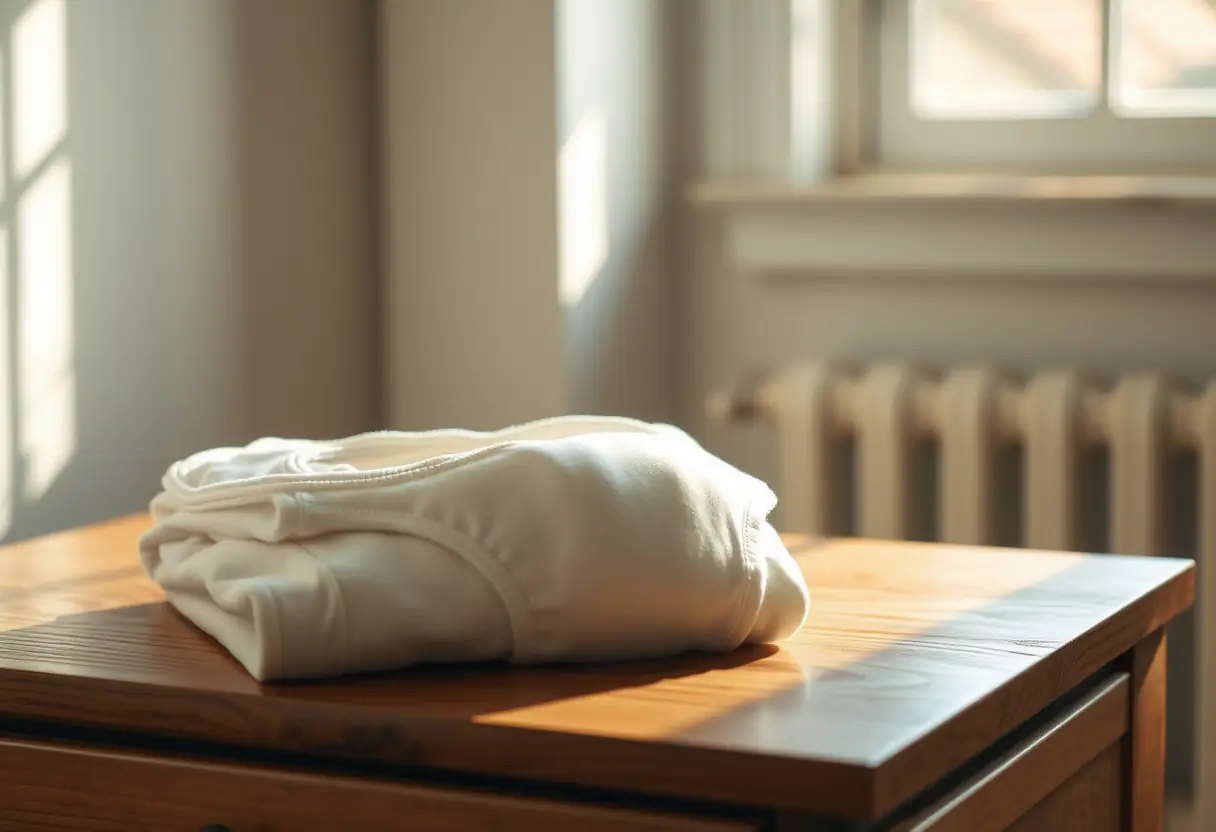 Sous-vêtements en coton pliés sur une commode, symbolisant la prise en charge de soi