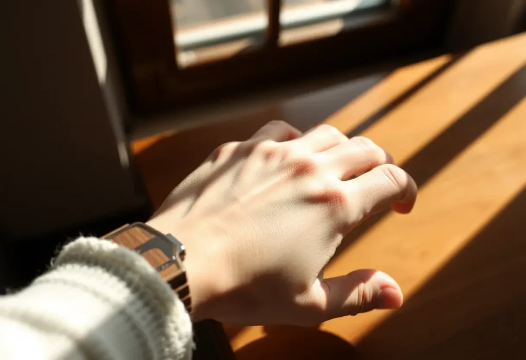 Une main féminine tenant délicatement une montre en bois