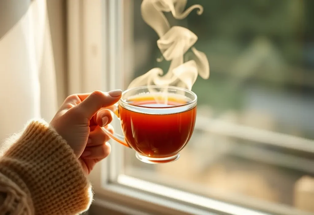 Une main tenant une tasse de thé chaud avec la vapeur qui s’échappe apaisante.