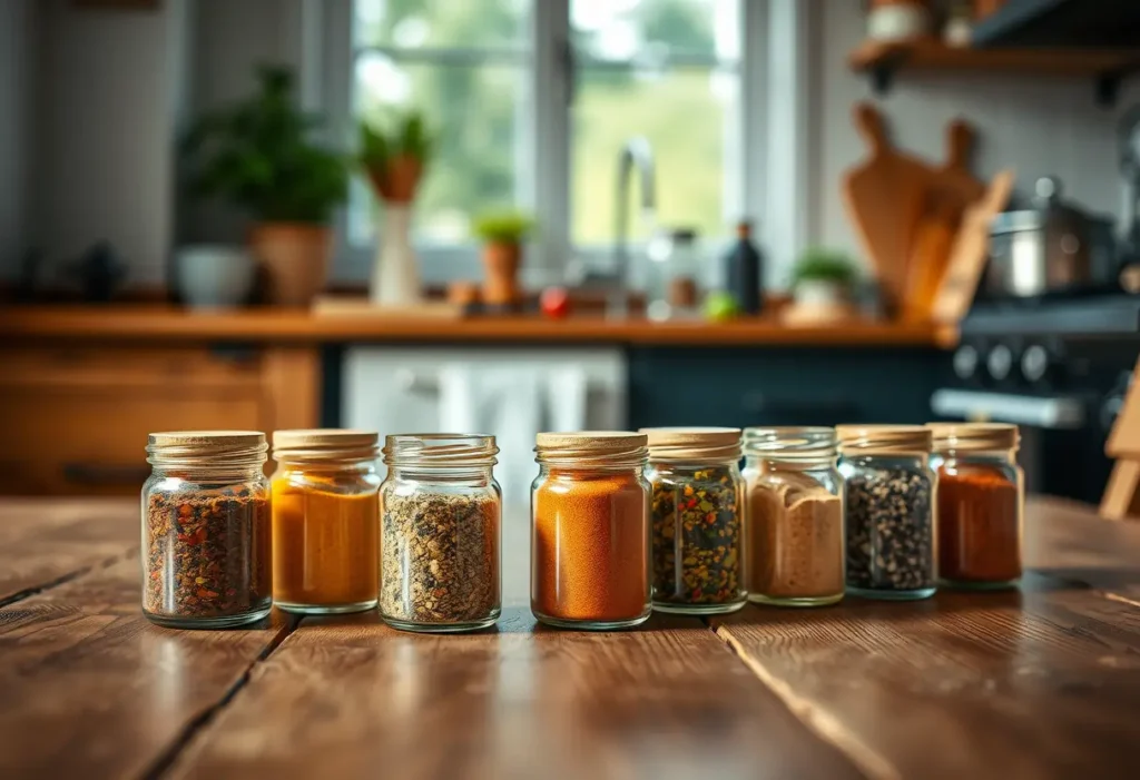 Une table garnie de bocaux de épices dans une cuisine accueillante