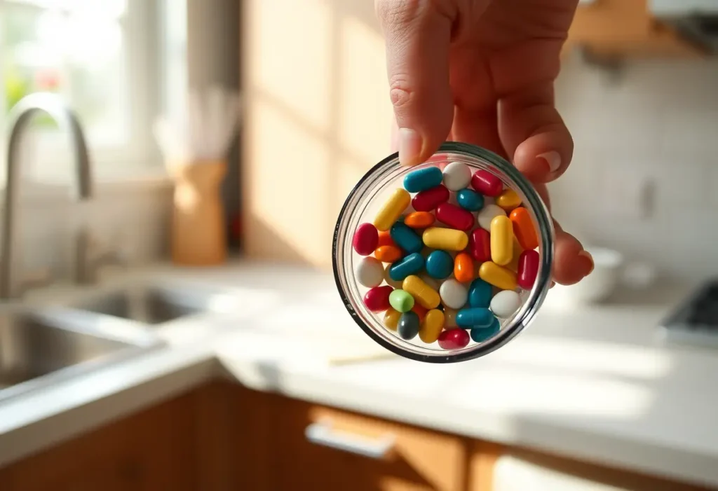 Une main féminine tenant un contenant rondelet de comprimés colorés dans une cuisine éclairée par la lumière du matin