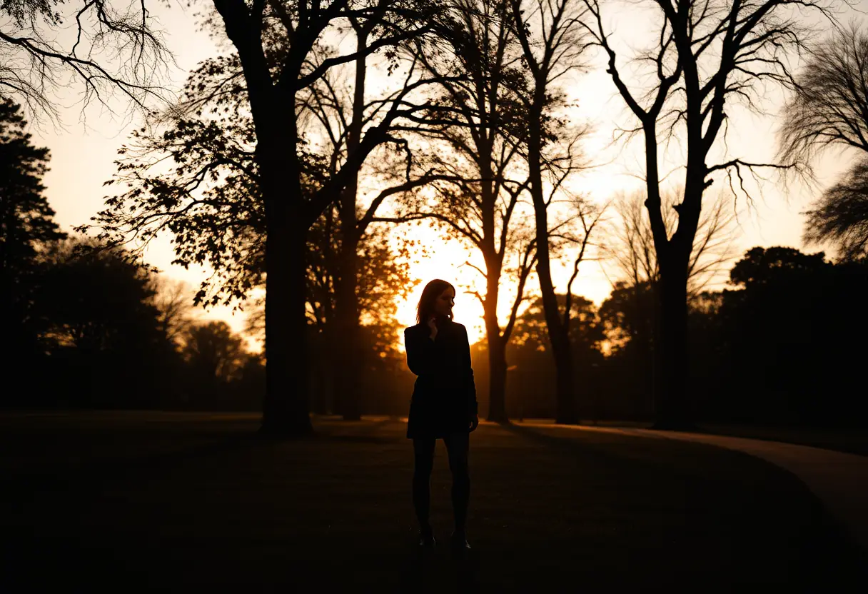Un profil féminin dans un parc au crépuscule avec des arbres dont les ombres s'allongent sur le sol