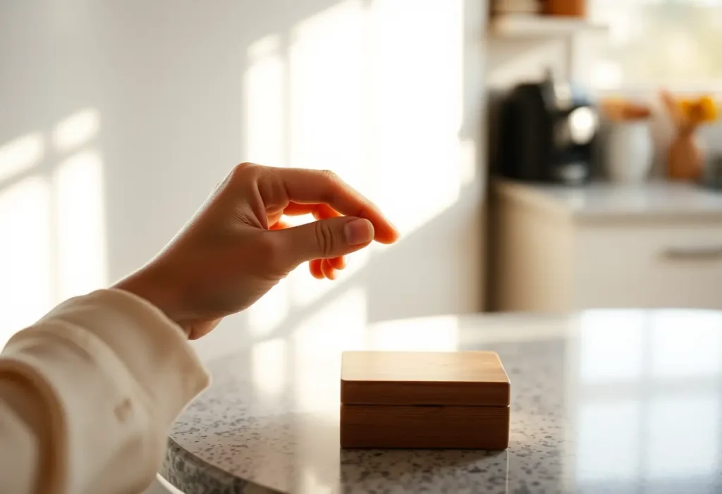 Une main féminine tient délicatement un boîtier à médicaments en bois sur un plan de travail, lumière du matin