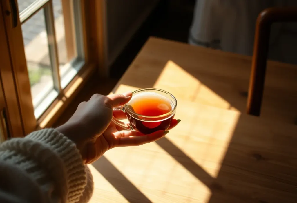 Une main tenant une tasse de thé chaud, symbolisant le réconfort et la guérison