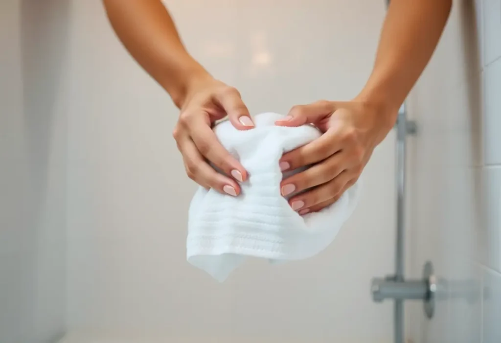 Des mains repliant doucement une serviette en coton après un bain chaud, dans une salle de bains simple aux carreaux blancs