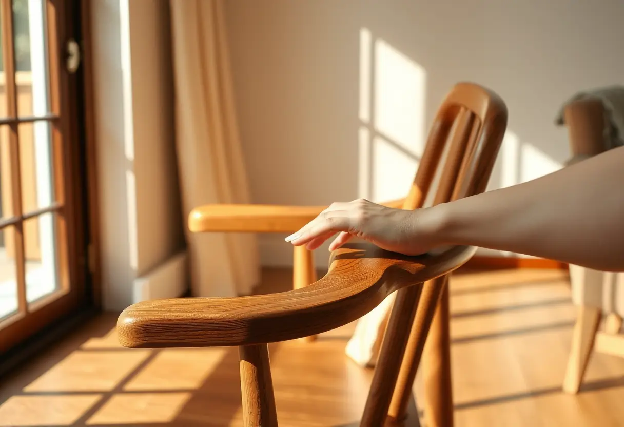 Chaise en bois dans un salon accueillant, mains posées avec douceur