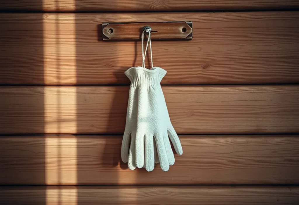 Des gants en coton accrochés au mur, symbole de soin de soi, lumière naturelle