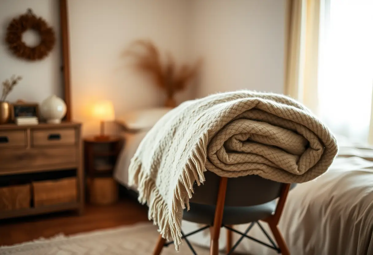 Un plaid en laine plié sur une chaise dans une chambre accueillante, symbole de soin de soi, lumière naturelle
