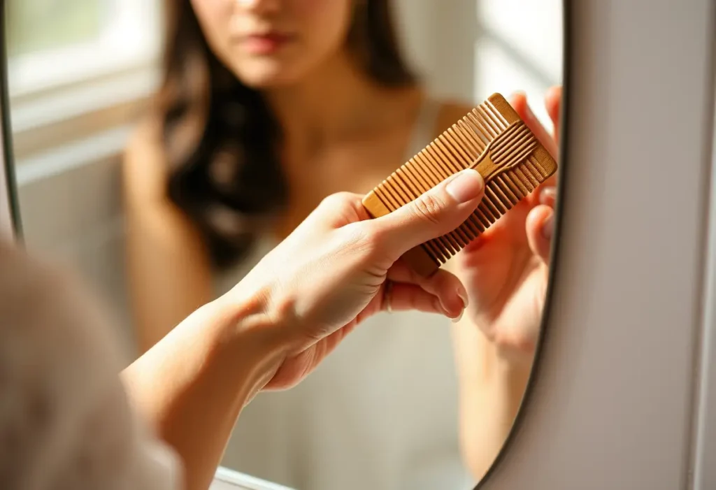 Une main féminine tenant un peigne en bois, reflétant la personne dans la surface polie, dans une salle de bain.
