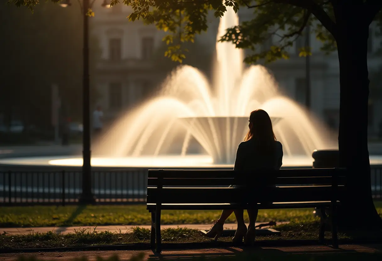 Le profil d'une femme assise sur un banc dans un parc, contemplant une fontaine, symbole d'introspection et de quête de paix intérieure.