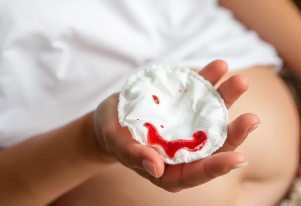 Une main féminine tient doucement un tampon en coton imbibé, symbole de récupération post-accouchement.