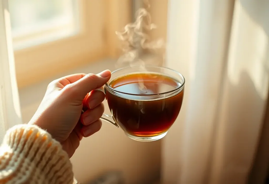 Une main tenant une tasse de thé chaud, éclairée par la lumière du soleil