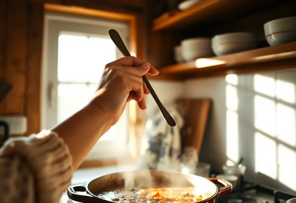 Main dans une cuisine, préparant une soupe, éclairée par la lumière du soleil
