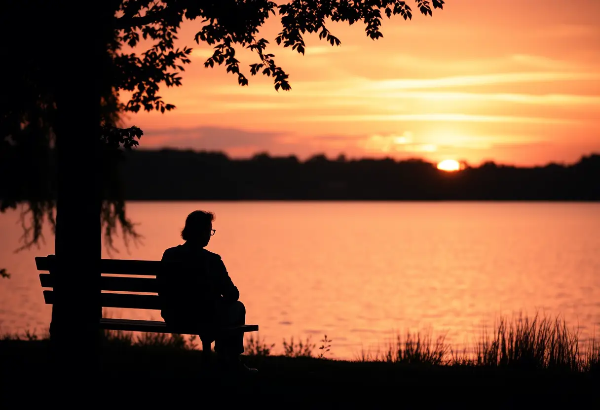 Silhouette d'une personne regardant un lac au coucher du soleil