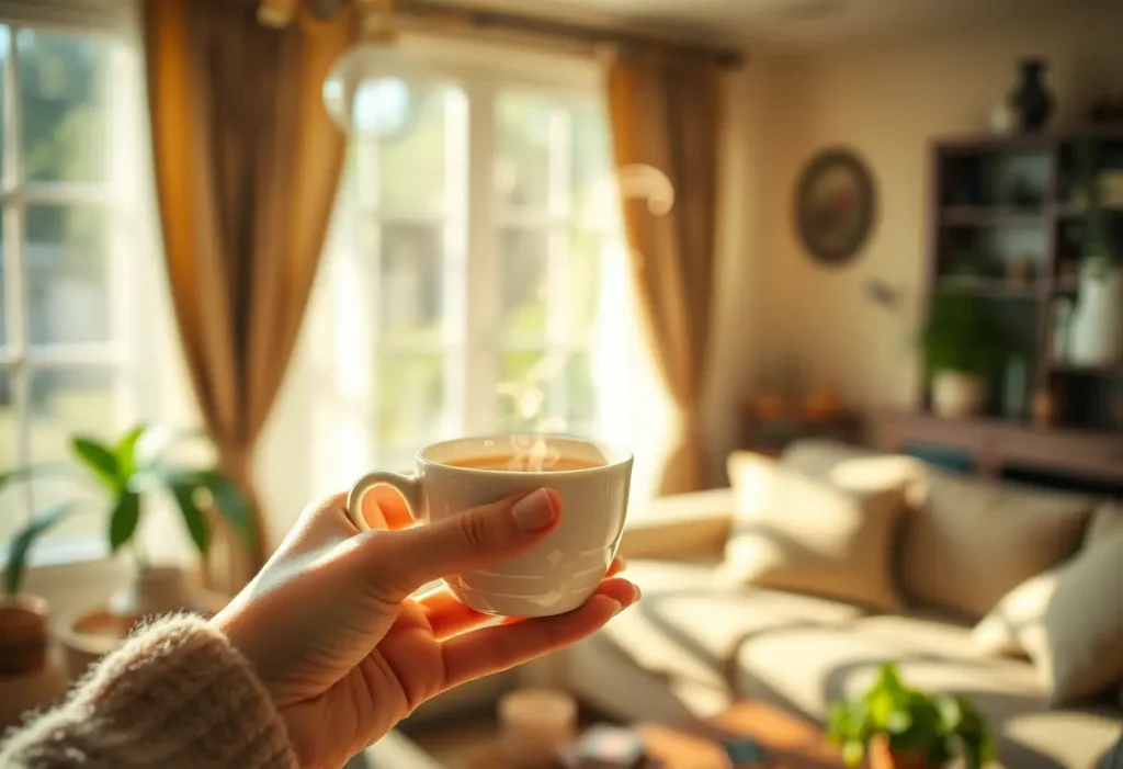 Une main tenant une tasse de thé chaud dans un salon accueillant