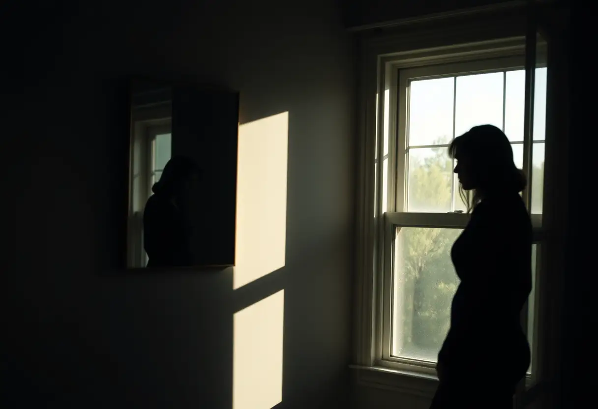 Une silhouette féminine près d’une fenêtre avec sa réflexion dans un miroir simple
