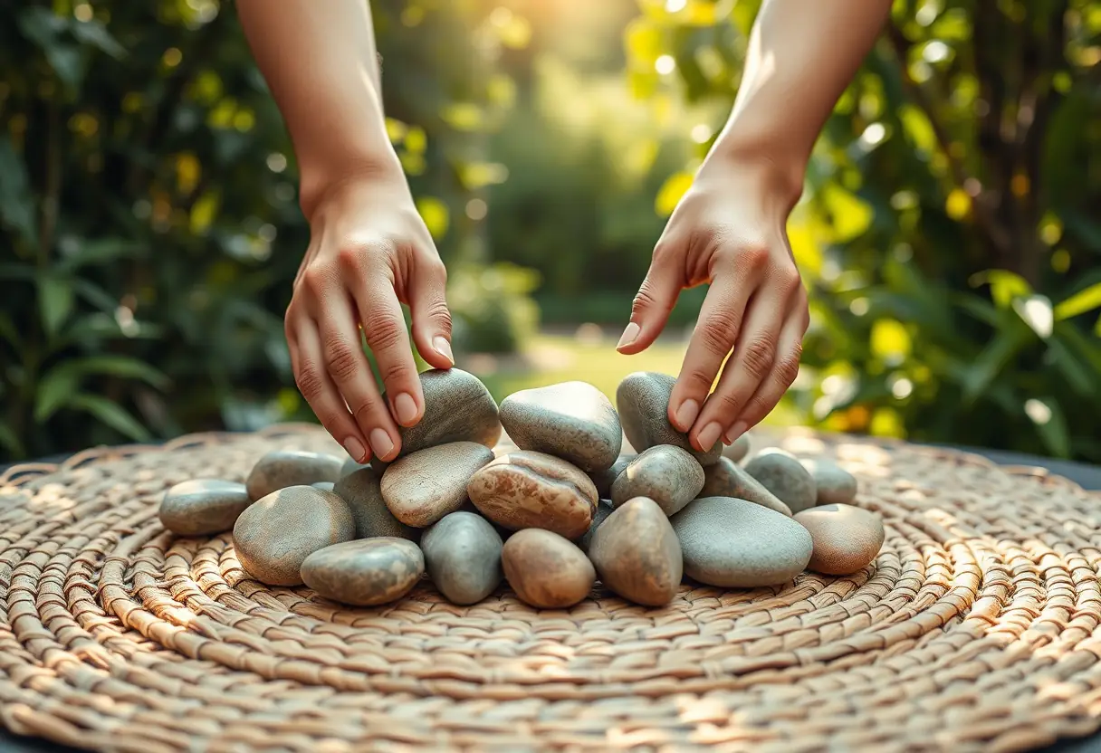 Mains disposant des galets dans un jardin calme, liés aux exercices de Kegel