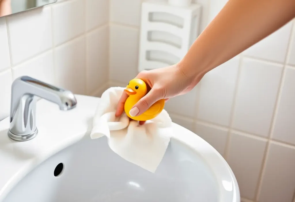 Une main tient un canard en caoutillon et frotte un linge blanc sur un lavabo en porcelaine pour la toilette post-accouchement.