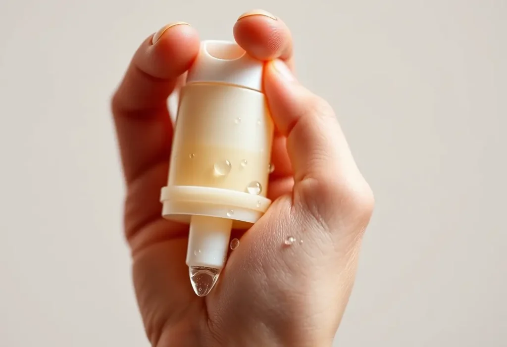 Prise de vue rapprochée d'une main tenant un embout en silicone souple avec des gouttes d'eau, illustrant la douceur nécessaire pour l'hygiène intime.