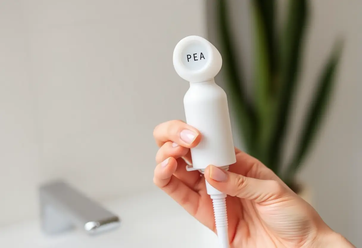 Une main tenant un embout de douchette en silicone, prêt à être utilisé pour un nettoyage doux