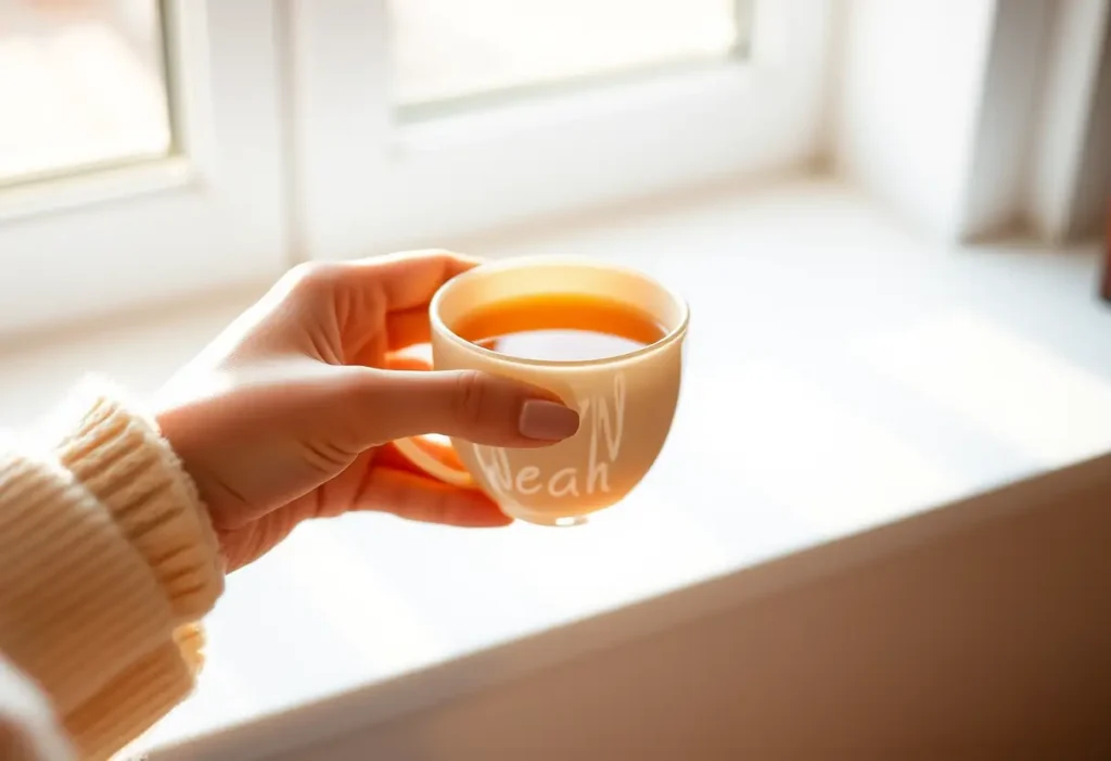 Main : une main féminine tenant une tasse de thé chaud, apaisante.