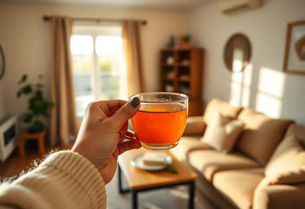 Une main tenant une tasse de thé chaud dans un salon accueillant, symbolisant la douceur et le réconfort.