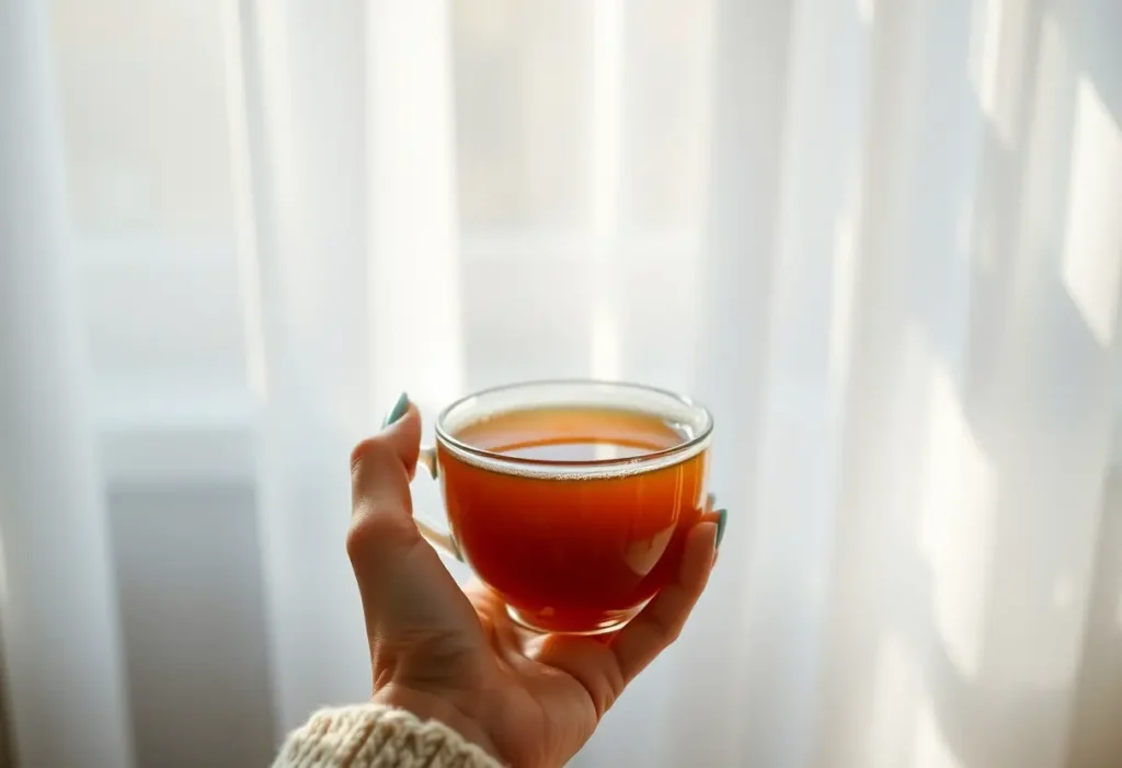 Une main tenant une tasse de thé chaud, apaisante et réconfortante