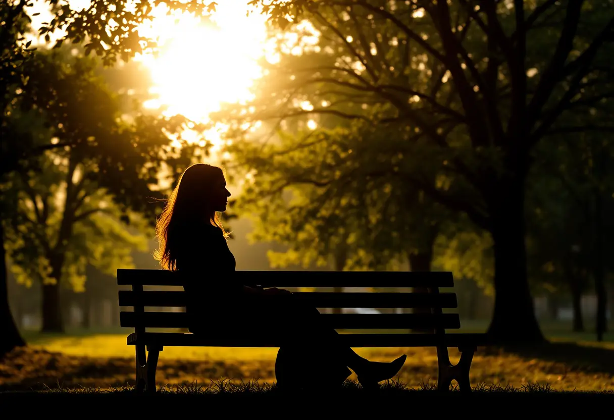 Un profil de femme assise sur un banc de parc, bercée par la brise du soir