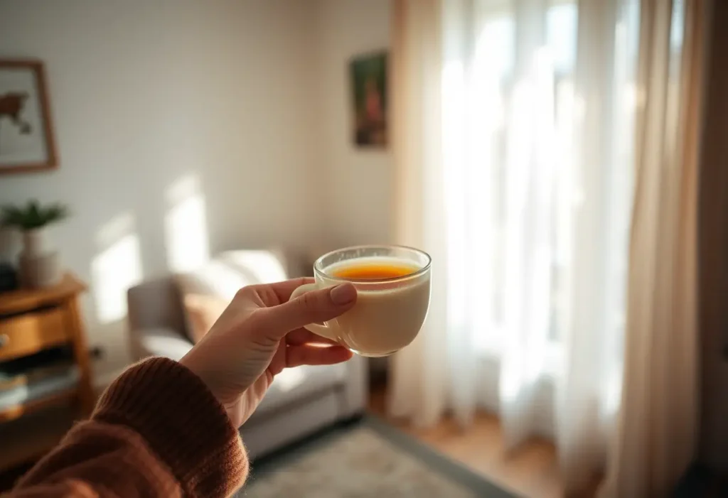 Une main féminine tient une tasse de thé chaud dans un salon accueillant, douleur mammaire pré ménopause