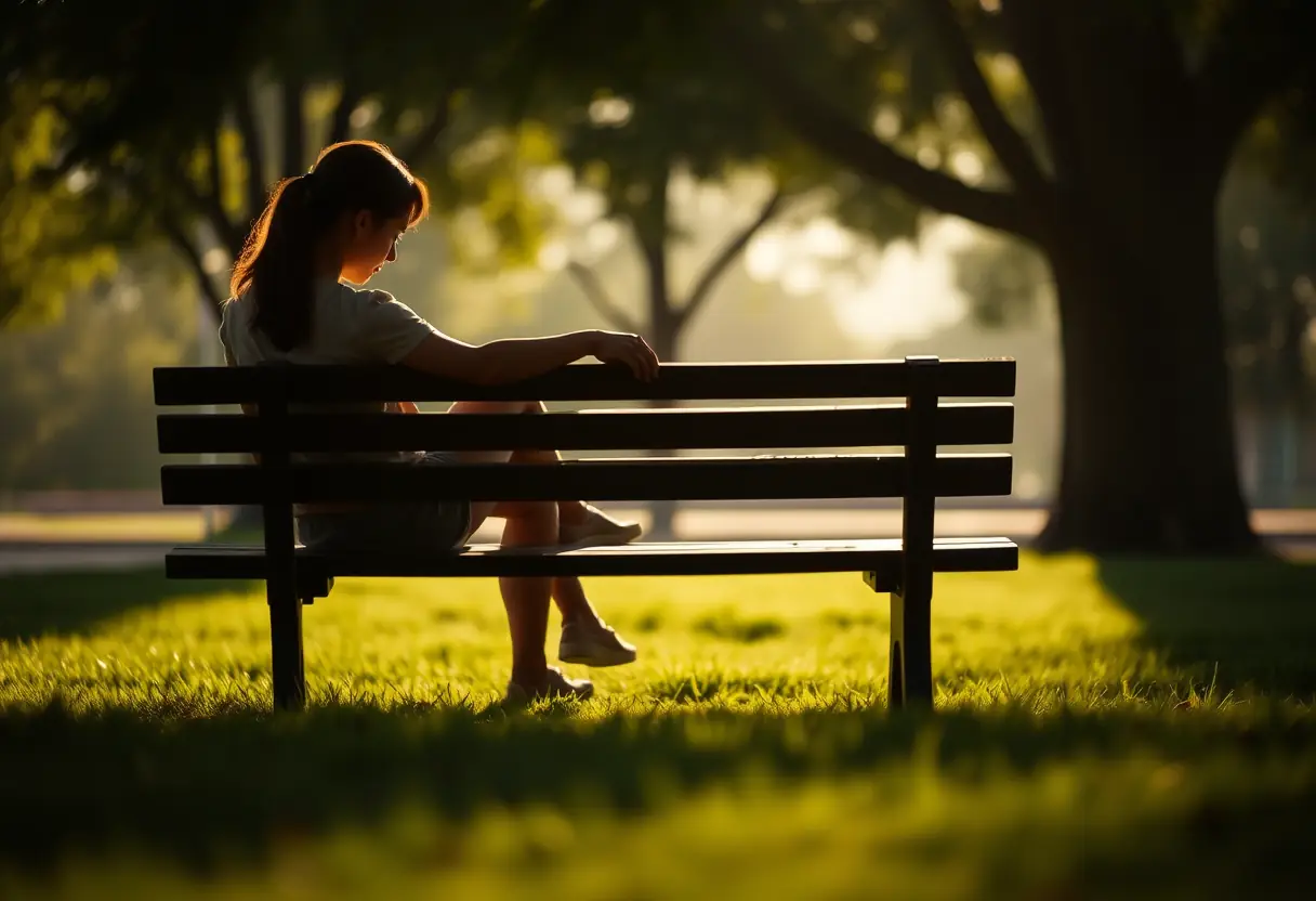 Un profil flou d'une femme assise sur un banc de parc, la douleur mammaire pré ménopause