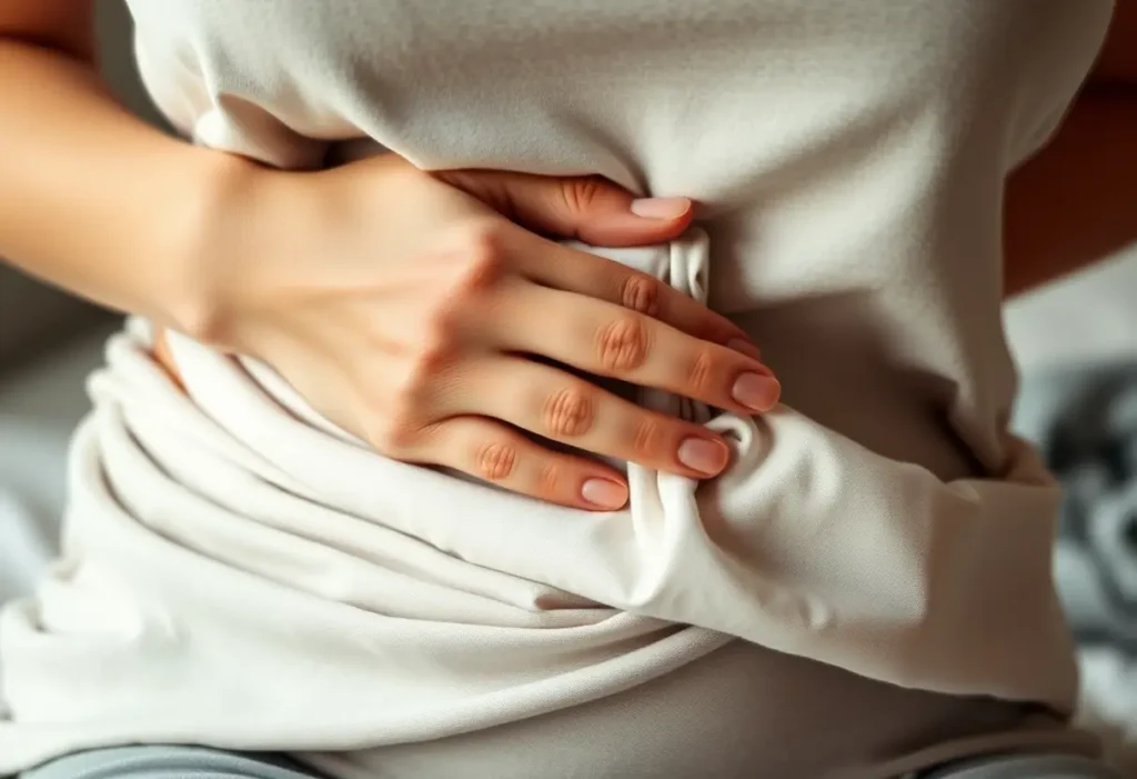Main image d'une main tenant un compresse chaud sur l'abdomen.
