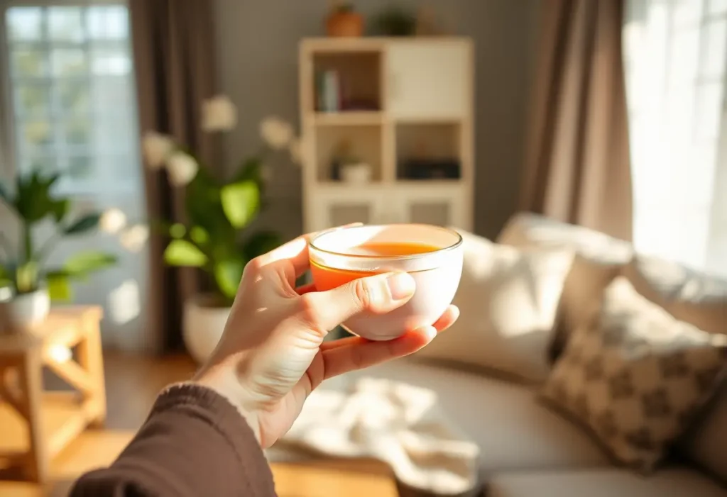 Une main tenant une tasse de thé chaud dans un salon accueillant, ambiance apaisante pour la convalescence