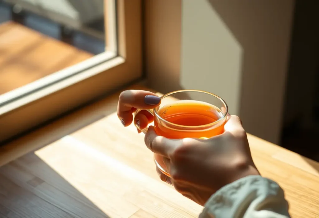Une main tenant une tasse de thé chaud, éclairée par la lumière du jour qui filtre à travers un fenêtre.