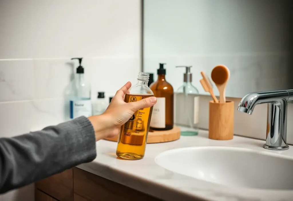 Un comptoir de salle de bains avec des bouteilles en verre et un porte-brosses en bois