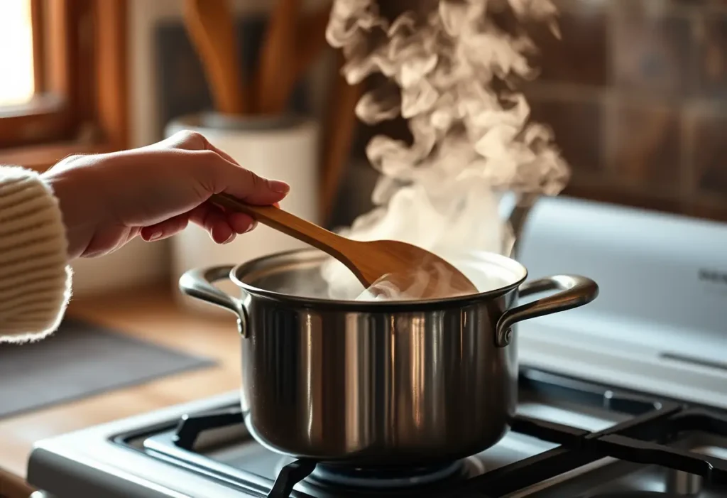 Main dans une poêle sur une cuisinière, éclairée par la lumière chaude, édition photo