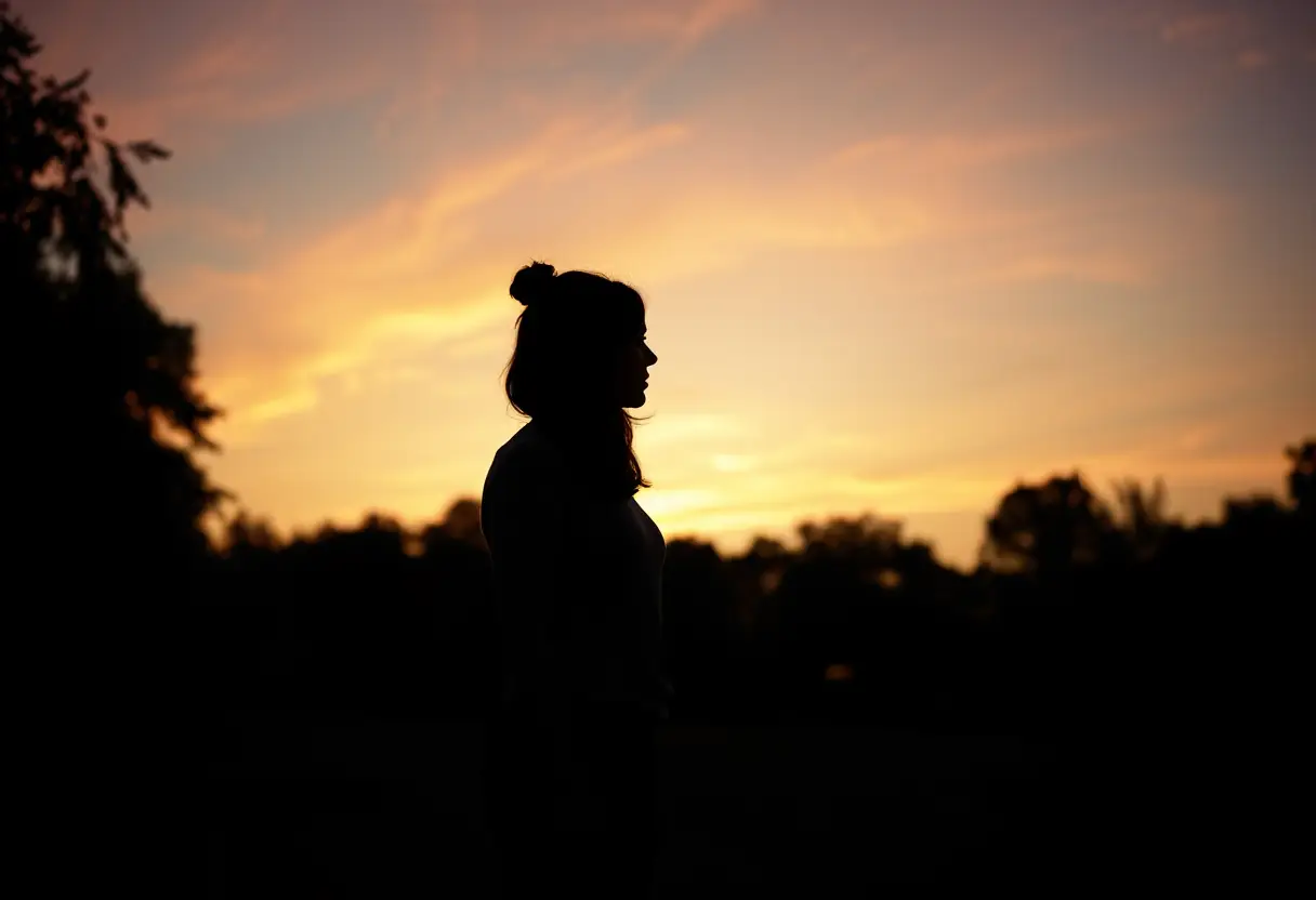 Silhouette de femme dans un parc au coucher du soleil, ciel orangé et rose, édition photo