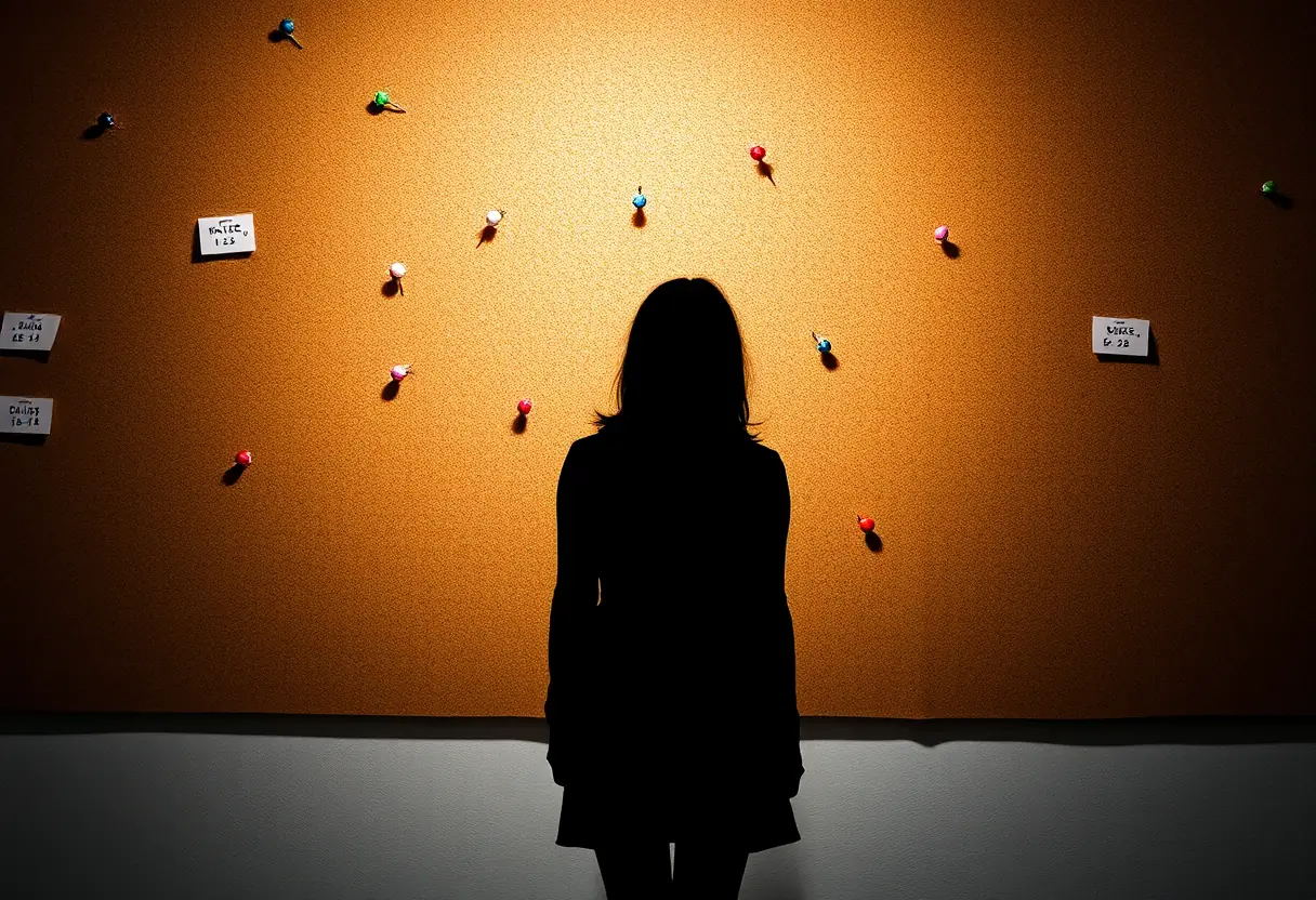 Un profil féminin se détache contre un tableau blanc avec des punaises marquant divers événements, illustrant le suivi des cycles menstruels