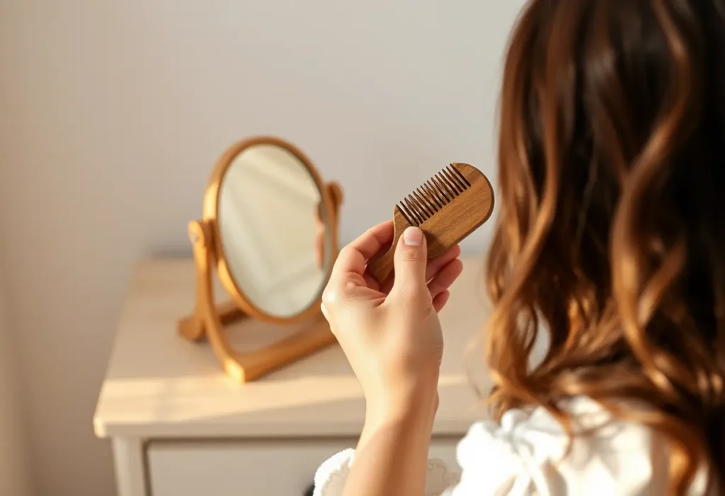 Une main posant délicatement un peigne en bois près d'un miroir, symbole de soin personnel et d'acceptation.